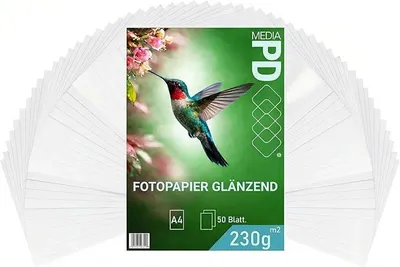 Produktbild von PD Media Fotopapier A4 Glänzend – 230 g/m², 50 Blatt, Premium Inkjet Papier für Tintenstrahldrucker