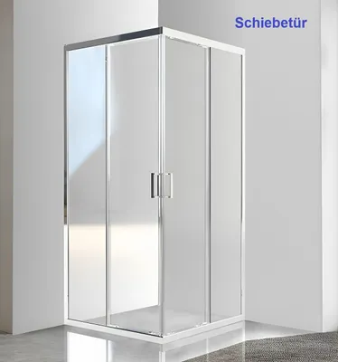 A modern glass shower enclosure with chrome accents, set against a neutral background.