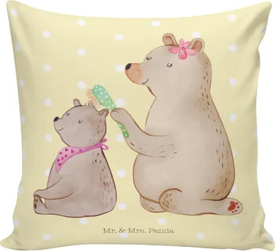 Produktbild von Mr. & Mrs. Panda zier kissen Bär Kind - Gelb Pastell - Geschenk, 40x40, Sofakissen, Bären, bedruckt, Muttertag, Mama, Polster, Opa, Deko, Kuschelkissen, Familie