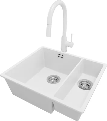 Produktbild von PRIMAGRAN Granitspüle Weiß 56x47cm, Spülbecken 1,5 Becken + Küchenarmatur 40x20cm + Ablauf-Set, Küchenspüle ab 60er Unterschrank - London Slim Duo