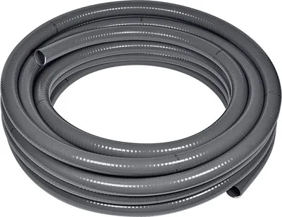 A coiled gray flexible hose on a white background.