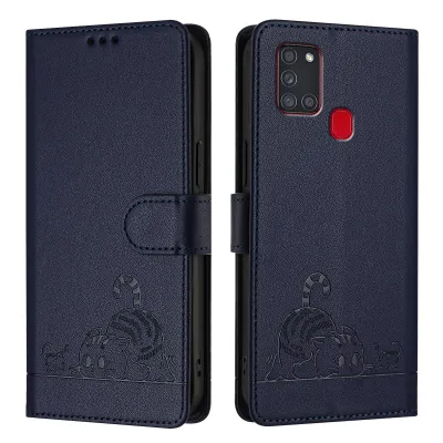 A dark blue flip case for a Samsung Galaxy A21S phone, shown from the front and back, with a cat design.