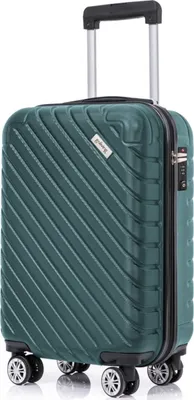 A green carry-on suitcase with wheels and a retractable handle.