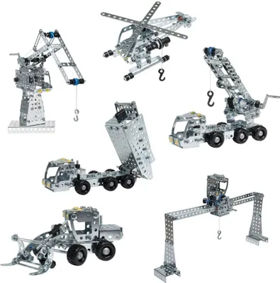 A collage of various construction vehicle models made from metal building kits.