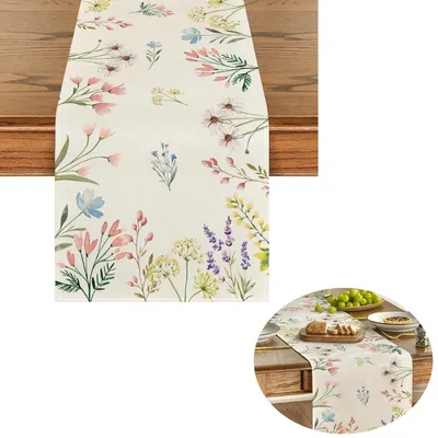 Produktbild von Tischläufer Blumen Sommer & Frühling (183x33 cm) – Baumwolle & Leinen, Rustikale Tischdeko Vintage für Küche & Esstisch