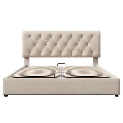 Obrázek produktu pro okwish hydraulická čalouněná postel 160x200cm, nastavitelné čelo manželské postele s kovovým roštem, moderní rám postele s úložným prostorem, bez matrace
