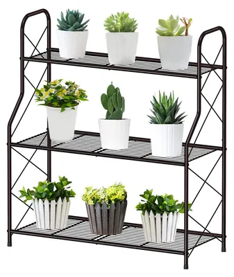 Image de Support à plantes/étagère à fleurs en métal, à 3 niveaux, pour l'intérieur et l'extérieur (balcon/jardin), étagère à fleurs multifonctionnelle de grande capacité, couleur bronze
