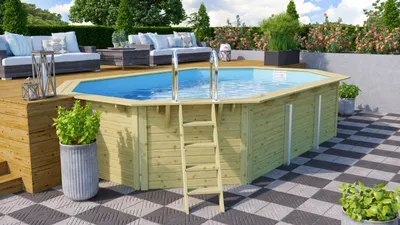 Produktbild von CHILLROI | Achteckiger Massivholz Pool länglich, 358 x 569 x 124 cm, Modell 4 | Inkl. Zubehör und Pool Leitern