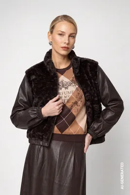Produktbild von Jacke aus Kunstfell in Lederoptik mit Stehkragen und praktischen Seitentaschen