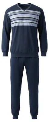 Image de hajo, pyjama long - Confort climatique, col en V, poignets, rayures, mélange de coton, bleu foncé, taille L