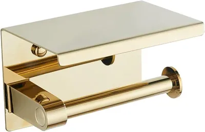 Produktbild von PolkaHome® Toilettenpapierhalter mit Ablage, Wandmontage, Gold – Edelstahl Toilettenrollenhalter mit Regal für Bad, Gäste-WC, Küche
