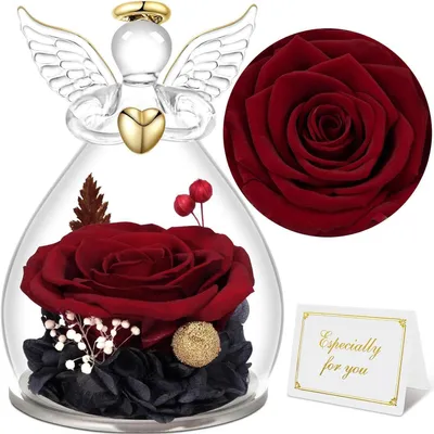 Produktbild von Ewige Rose Engel Figur im Glas Geschenk für Frauen Mama Muttertag Weihnachten Valentinstag Rotwein