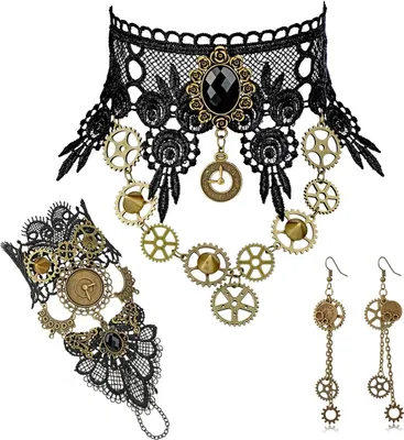 Produktbild von Steampunk Accessoires Steampunk Kostüm Damen, Zahnräder Steampunk Halskette Spitze Gotisch Choker Halskette Armbänder Steampunk Ohrringe Gothic Schmuck Frauen Mädchen Halloween Karneval Kostüm