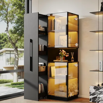 Immagine prodotto di MODFU, vetrina a due vetri, mobile alto 70x38x160 cm, vetrina con illuminazione a LED, libreria con ripiano estraibile e spazio contenitivo, mobile per il soggiorno, colore nero