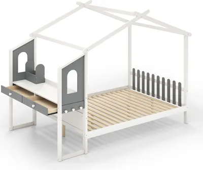 Produktbild von COSTWAY Hausbett mit Schreibtisch 90x200cm, Kinderbett mit Lattenrost, Schreibtisch mit Aufbewahrungsbox, Schubladen und Haken für Kinder, Weiß