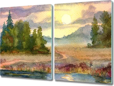 Produktbild von Coloray Herdabdeckplatte 2x40x52 cm Schneidebrett Kochplattenabdeckung Küchenbrett Hackbrett - Aquarell Baum Sonnenuntergang
