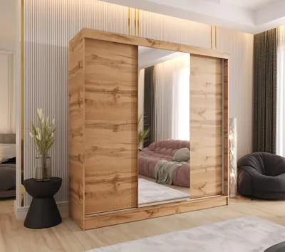 Produktbild von Schwebetürenschrank 3-türig 230x205x58 cm Eiche Wotan mit 1 Spiegel und 2 Schubladen – Moderner Kleiderschrank für Schlafzimmer und Flur