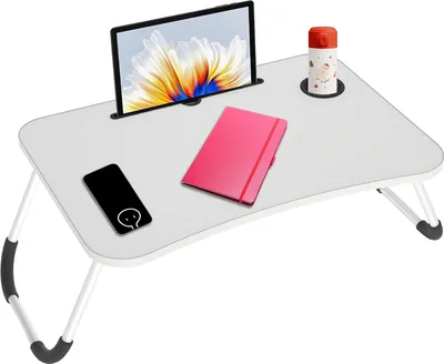 Zdjęcie produktu dla JOIEYOU 60x40x27cm Stolik na laptopa Tace śniadaniowe Stolik do łóżka ze stojakiem na tablet i uchwytem na napoje, Taca do czytania i pracy dla laptopów do 17" Składany pulpit na sofę, podłogę, łóżko (beżowy)