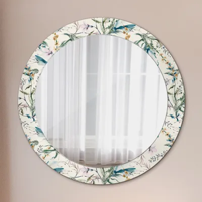 Produktbild von Ø70cm Spiegel - Glasrahmen mit Aufdruck - Wandspiegel Schlafzimmer - Aquarell Blumen