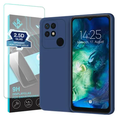 Produktbild von Hülle für Xiaomi Redmi 10C mit 9H Displayglas Displayschutz Case Cover Bumper Smartphone Softgrip Schutzhülle Farbe: Blau
