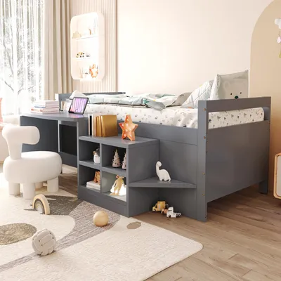 Immagine prodotto di Letto per bambini 90x200 cm con contenitori, scrivania e prese elettriche, letto singolo in legno con spazio contenitivo e area studio, colore grigio