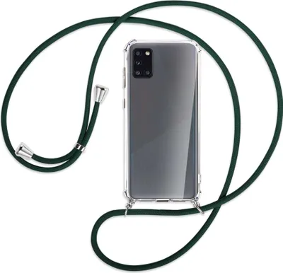 Produktbild von Handykette Backcover-Schutzhülle mit Band (Metall silberfarben) für Samsung Galaxy A31 - dunkelgrün