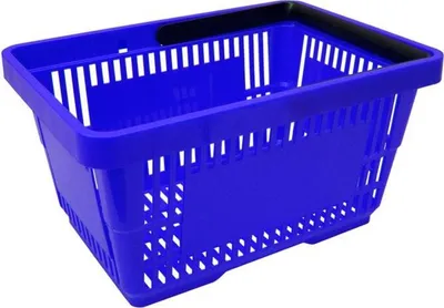 A blue plastic shopping basket with a black handle is shown against a white background.