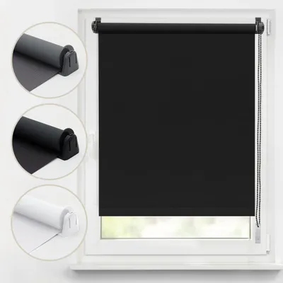 A collage of roller blinds in different colors and close-ups of their mechanisms, with a main image of a black roller blind installed on a window.