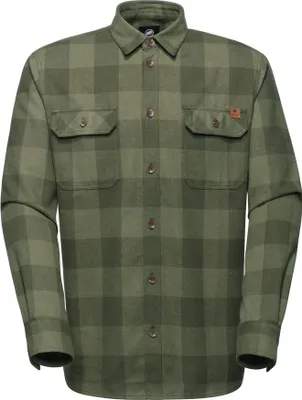 Grünes kariertes Langarmshirt mit Knopfleiste und zwei Brusttaschen mit Klappen und Knöpfen