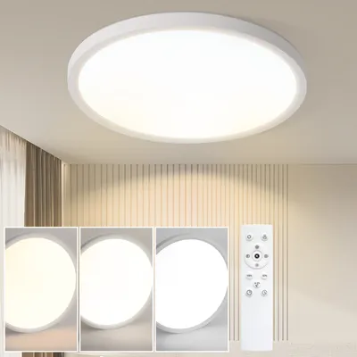 A modern LED ceiling light is shown mounted on a ceiling, with three smaller inset images below demonstrating different light color temperatures and a remote control.