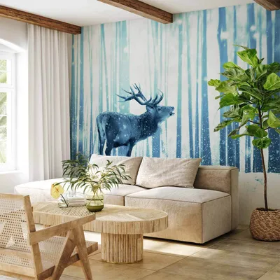 Produktbild von Vlies Fototapete - Winter animals - deer motif on a forest background in shades of blue 250x175 cm Tiere g-B-0143-a-d