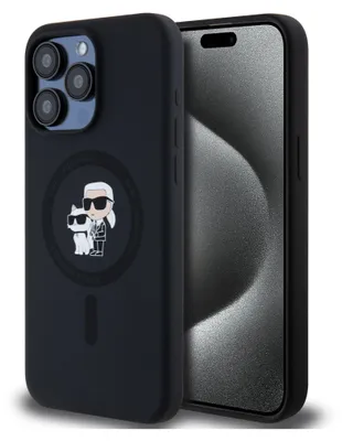 A black iPhone case with a Karl Lagerfeld and Choupette design is shown next to an iPhone.