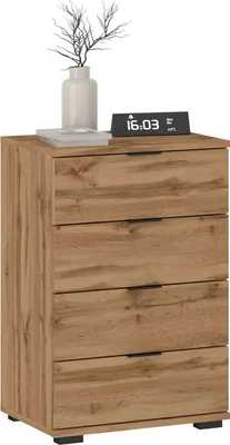 Produktbild von Nachttisch PIANO Wotan Eiche, Nachtkommode für Boxspringbetten, Nachtschrank mit 4 Schubladen und Griffen aus Kunststoff, Korpus aus MDF/Spanplatte