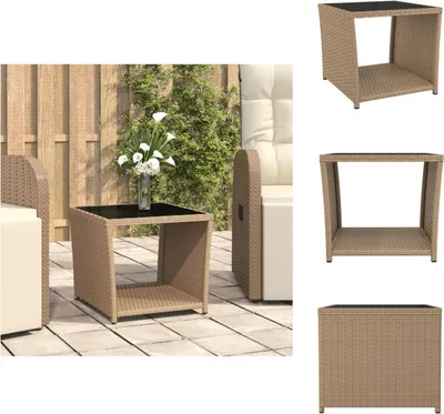 Image de vidaXL Table d'appoint avec plateau en verre Beige Polyrotin et verre trempé -  Tables de jardin
