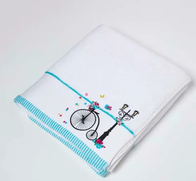 Produktbild von HOMESCAPES Frottee Badetuch mit Bestickung Vintage Hochrad Handtuch 100x140cm - weiß