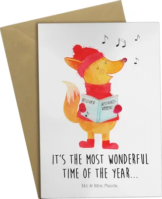 Produktbild von Mr. & Mrs. Panda Klappkarte Fuchs Sänger - Weiß - Geschenk, Weihnachten, einladungskarten, osterkarte, Singen, osterkarten, dankeskarten, Winter, hochzeitskarten