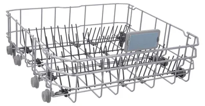 A dishwasher basket with plastic grey wheels and a light blue insert.