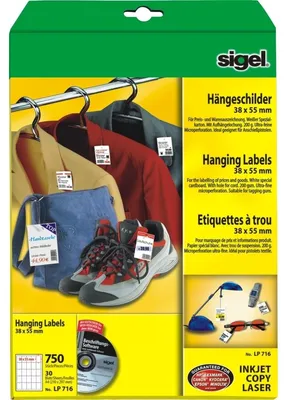 Produktbild von SIGEL LP716 Hängeschilder für Preis- und Warenauszeichnung, 38 x 55 mm, weiß, 750 Stück