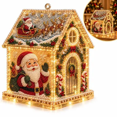 Produktbild von 3D Weihnachtshaus DIY Bastelset mit LED-Lichterkette, Diamond Painting Weihnachtsdeko aus Holz zum Aufstellen und Aufhängen