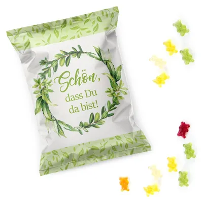 Produktbild von Logbuch-Verlag 10 Give-Aways Gummibärchen Päckchen grün weiß floral - Gastgeschenk Hochzeit SCHÖN DASS DU DA BIST - Hochzeitsdeko Süßigkeit25 Stück