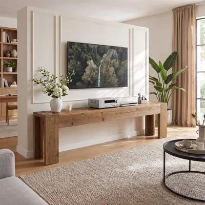 Obrázek produktu pro TV skříňka Wanbor z masivního dřeva pro televizory o velikosti 60/70/80 palců, extra dlouhá nábytková sestava ve stylu farmhouse s rámem, dřevěná TV stolek do obývacího pokoje