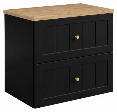 Immagine prodotto di Mobile bagno sospeso, 60 cm, con cassetti, struttura nera e piano in legno effetto rovere, dimensioni 60 x 46 x 58,6 cm, Immagine generata dall'IA