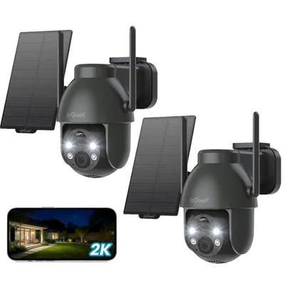 Produktbild von ieGeek 2K Überwachungskamera Aussen WiFi 360°PTZ Schwenkbar Solar Kamera Überwachung Farbnachtsicht 2-Wege-Audio PIR Erkennung Intelligenter Alarm 2PC