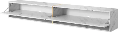 A long, white TV stand with a marble-like pattern and gold accents. Two compartments are open, revealing their interiors. The stand appears to be mounted on a wall.