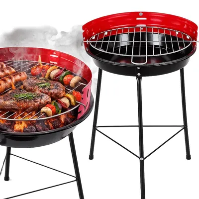 Zdjęcie produktu dla Grill ogrodowy okrągły na węgiel drzewny 35 cm przenośny składany regulowany ruszt BBQ wiatrochron 53x35cm
