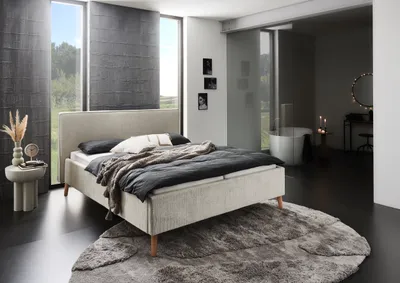 Produktbild von Meise Möbel Polsterbett Riva 160x200 cm | Doppelbett | Bettgestell | Kopfteil mit Keder | Webstoff Beigegrau | Holzfuß eichefarbig