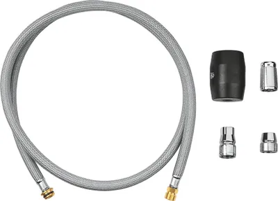 A flexible hose and several connectors are laid out on a white background.