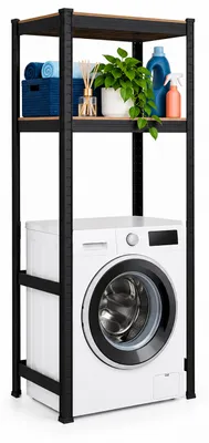 Immagine prodotto di Relaxdays, scaffale per lavatrice, dimensioni: 150 x 70 x 40 cm, 2 ripiani, portata: 400 kg, materiale: acciaio, MDF, sistema di montaggio a incastro, colore: nero/marrone, Immagine generata dall'IA