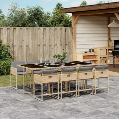 Produktbild von Design 9-tlg. Garten-Essgruppe mit Kissen Beigemischung Poly Rattan, Gartenmöbel-Sets 2024 Neu