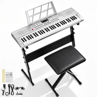 Image de ALIGHTUP 61 Tasten, Clavier électronique, Piano numérique, Ensemble comprenant un support pour clavier, un banc et un microphone, couleur argent